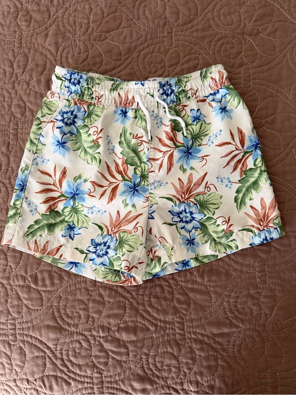 Janie and Jack Cream Floral Swim Trunks with Blue & Green Print